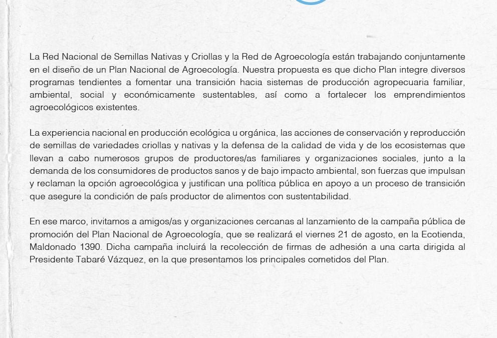 Viernes 21 a las 19: diseñan Plan Nacional de Agroecología